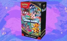 The Pokémon TCG Mega Evolution — Chaos Rising Booster Bundle on a blue and purple background