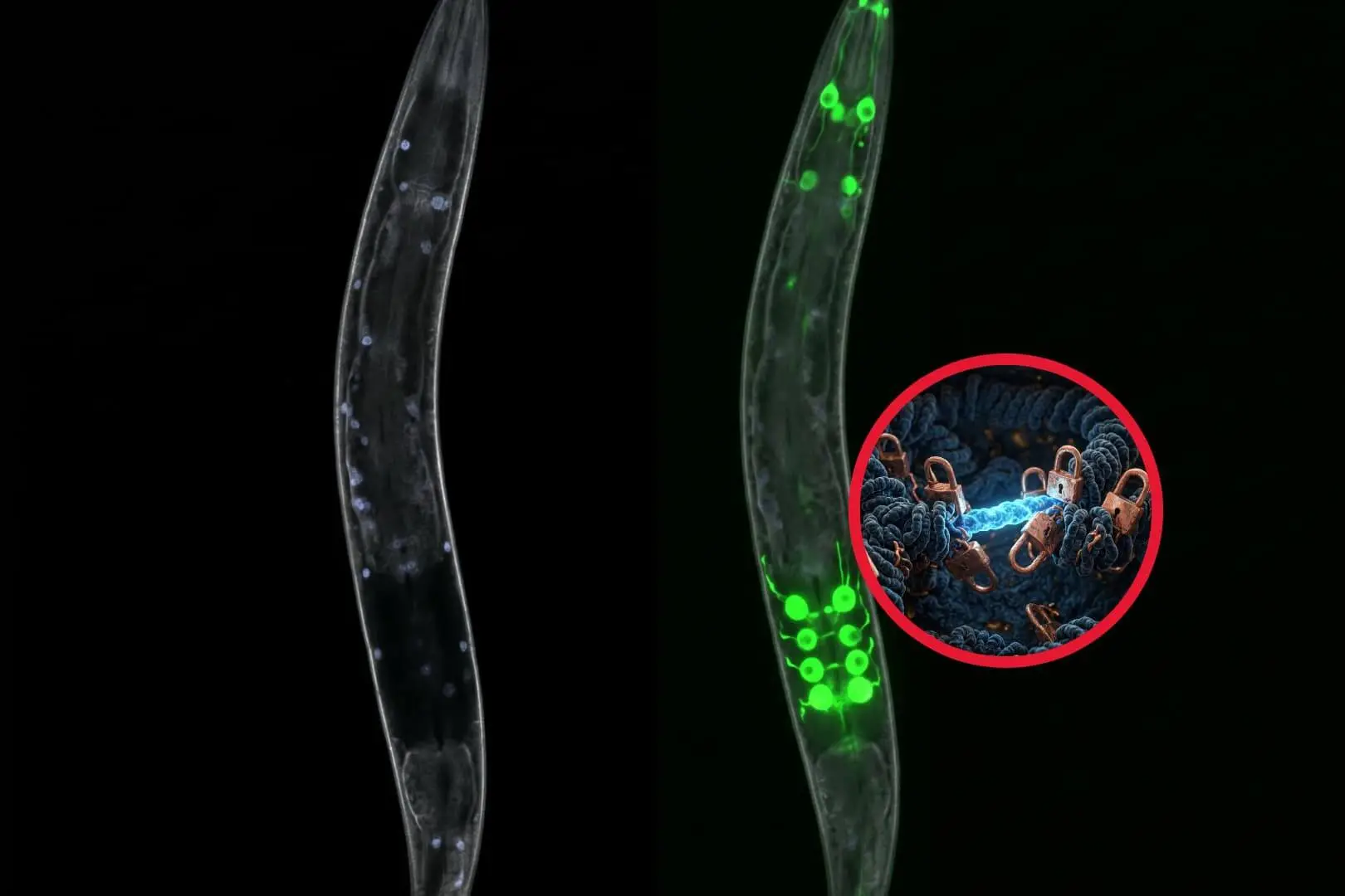 Recreación artística (con falsas estructuras) de la comparación del fenotipo serotoninérgico en neuronas VC entre una especie sin el nuevo potenciador genético (izquierda) y una especie del grupo Angaria con el enhancer activo (derecha). Foto: Nano Banana y ChatGPT / Scruzcampillo.
