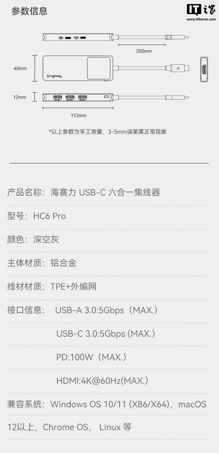 扩展坞也带屏,海赛力推出 HC6 Pro 六合一 USB-C 集线器售 99 元