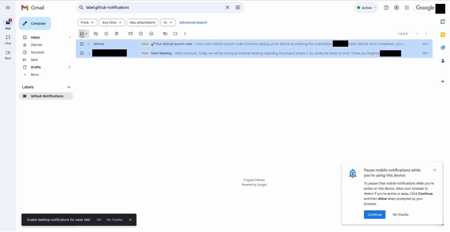 A Gmail inbox screenshot showing GitHub notifications and a team meeting email. The search bar has "label:github-notifications" entered, and two emails are selected. A prompt to pause mobile notifications is visible at the bottom right.