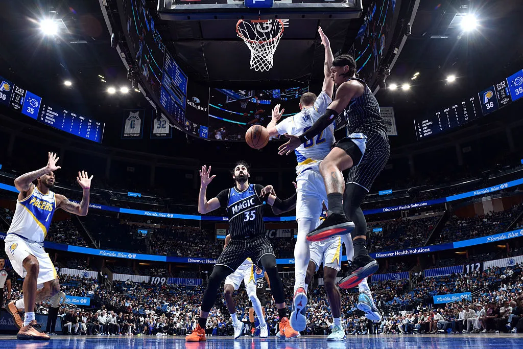 ORLANDO, FL - MARCH 23: Paolo Banchero #5 of the Orlando Magic passes the ball during the game against the Indiana Pacers on March 23, 2026 at Kia Center in Orlando, Florida. NOTE TO USER: User expressly acknowledges and agrees that, by downloading and or using this photograph, User is consenting to the terms and conditions of the Getty Images License Agreement. Mandatory Copyright Notice: Copyright 2026 NBAE (Photo by Fernando Medina/NBAE via Getty Images)