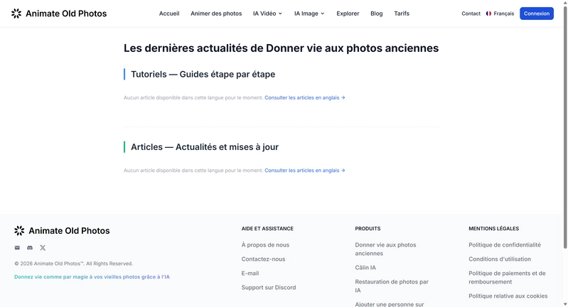 Clean French blog listing page on Animate Old Photos showing only fully translated French articles