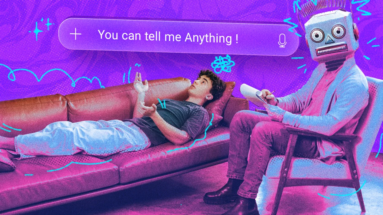 An illustration showing a person on a therapy couch. The therapist has a robotic head and a large chatbox window next to them says "you can tell me anything."