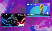 TCL and Hisense TVs with purple abstract background