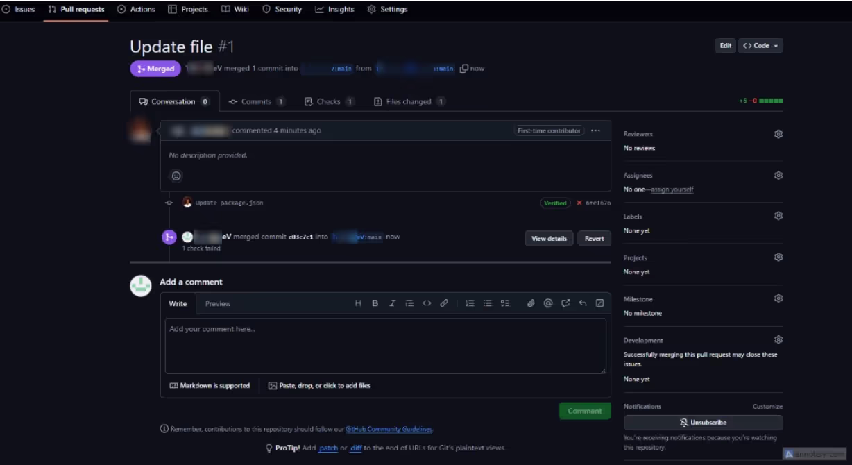 Merged pull request displaying the conversation and commit details of a merged pull request, which may have bypassed proper security checks
