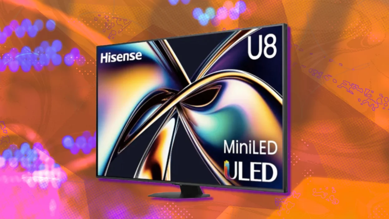 Hisense U8 Mini LED TV with orange and purple background