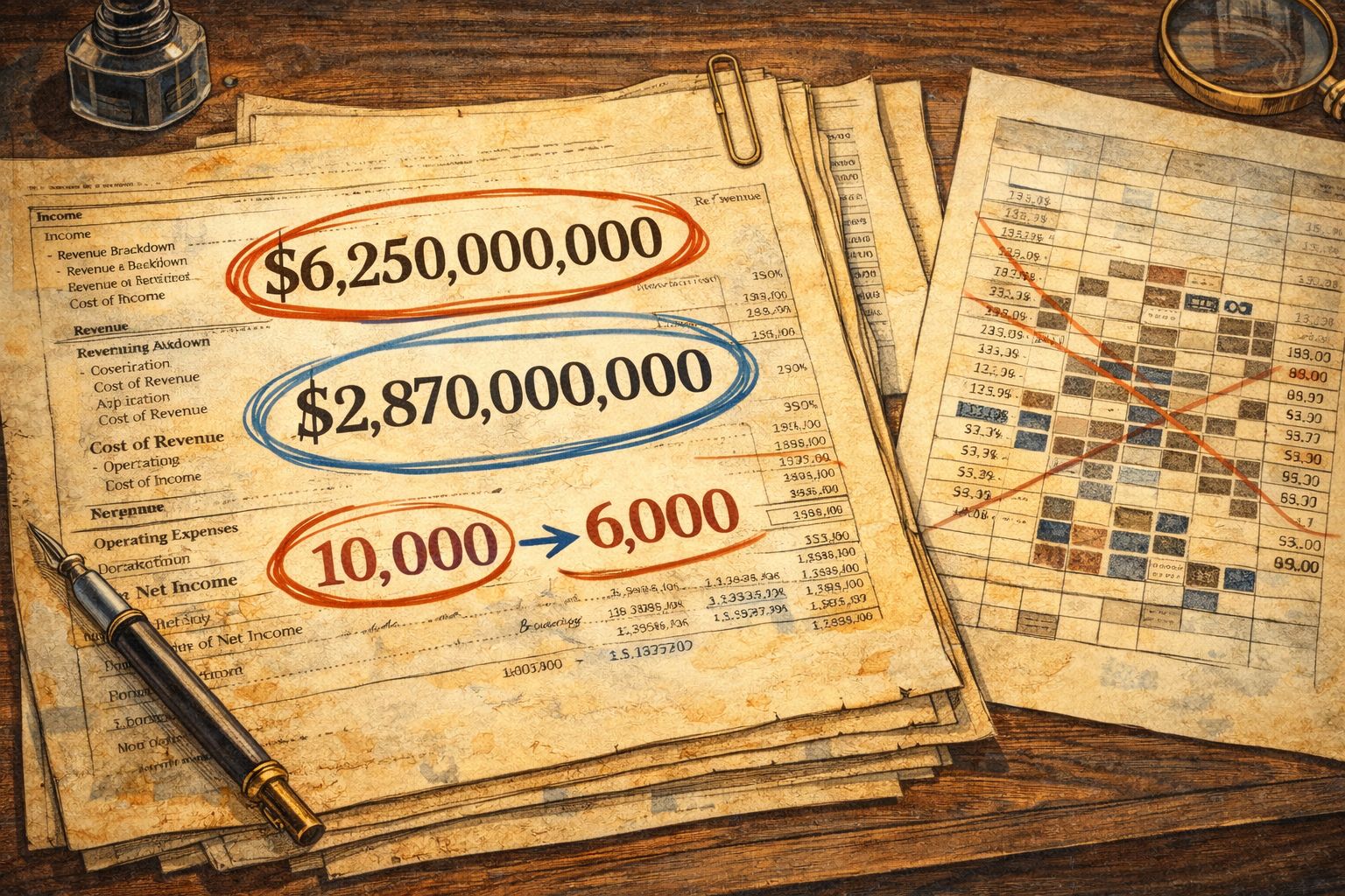 财务报表铺满桌面,62.5 亿美元收入、28.7 亿毛利和“10000→6000”的醒目数字被红蓝墨线圈出,旁边是一张被删减了大片方格的电子表格打印稿,羊皮纸,钢笔彩色手绘的统一风格。