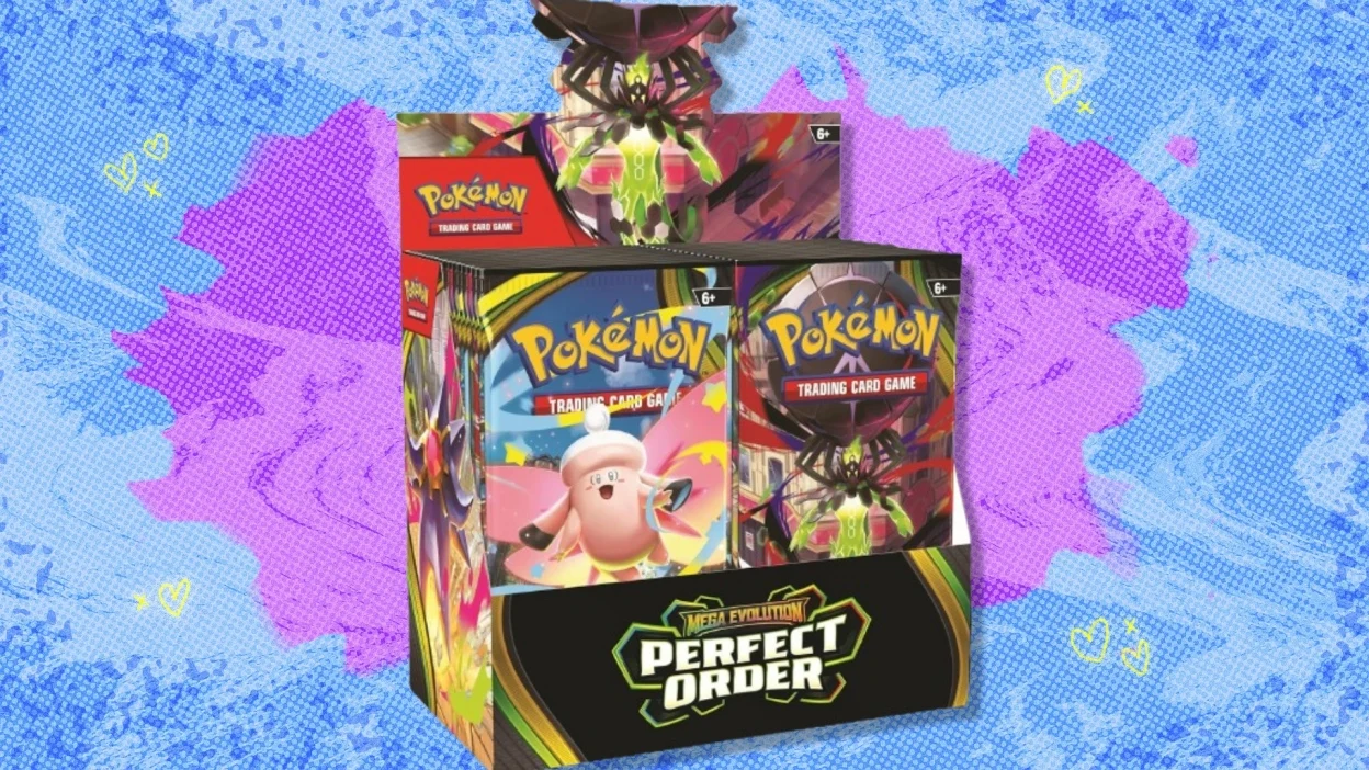 The Pokémon TCG: Perfect Order Booster Box on a blue and purple background