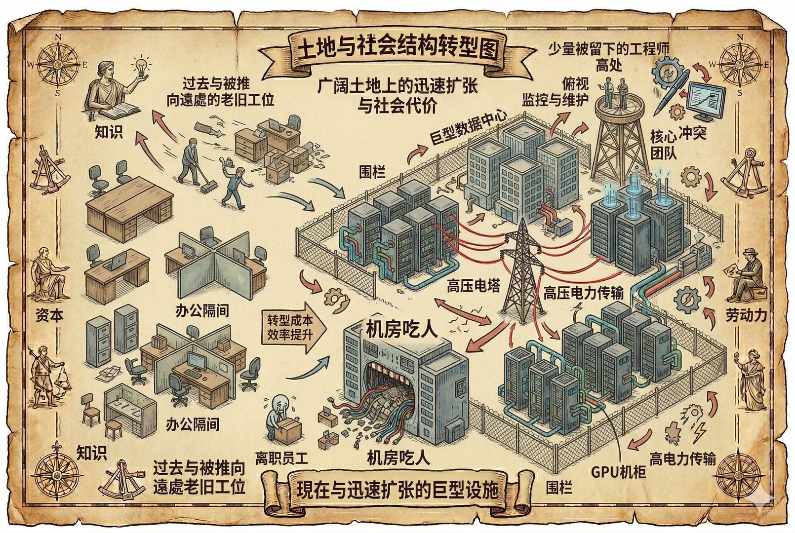 广阔土地上竖起围栏,传统工位与办公隔间被推向远处,而一座座巨型数据中心、GPU机柜与高压电塔正在迅速扩张,少量被留下的工程师站在高处俯视,形成“机房吃人”的强烈隐喻,羊皮纸,钢笔彩色手绘的统一风格。