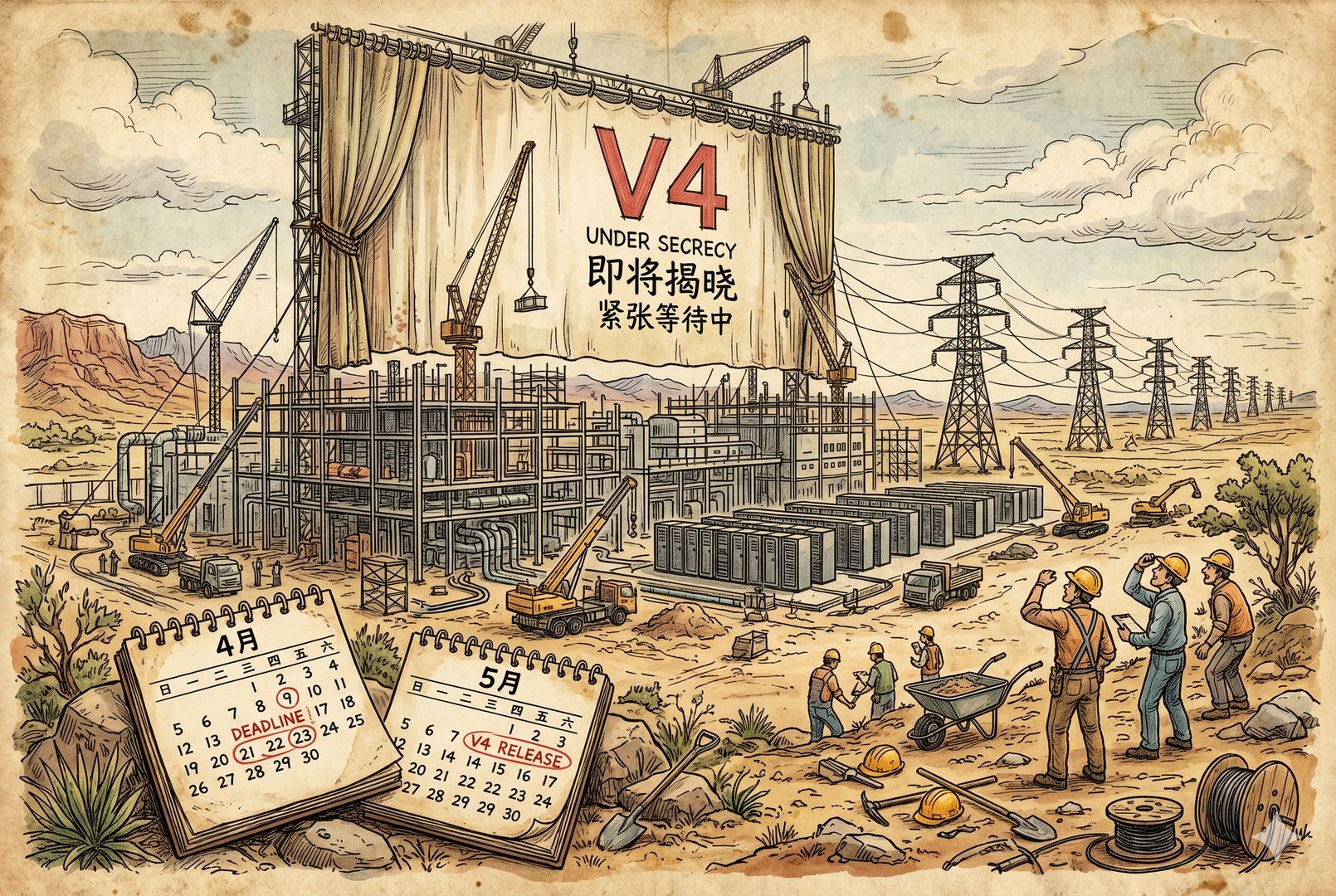 荒原上的大型数据中心正在施工,远处高压电塔与服务器机柜连成一线,近处日历翻到4月、5月,天空中悬着写有“V4”的未揭幕幕布,营造紧张等待感,羊皮纸,钢笔彩色手绘的统一风格。