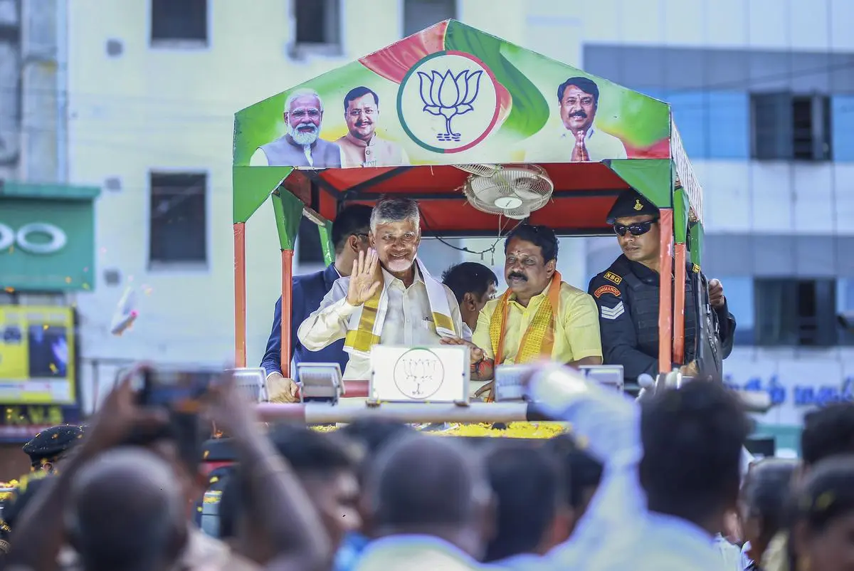 Andhra Pradesh Chief Minister N. Chandrababu Naidu campaigns in support of BJP candidate from Sattur constituency Nainar Nagendran ahead of the Tamil Nadu Assembly election, in Virudhunagar, on April 21, 2026. Andhra Pradesh Chief Minister N. Chandrababu Naidu campaigns in support of BJP candidate from Sattur constituency Nainar Nagendran ahead of the Tamil Nadu Assembly election, in Virudhunagar, on April 21, 2026.