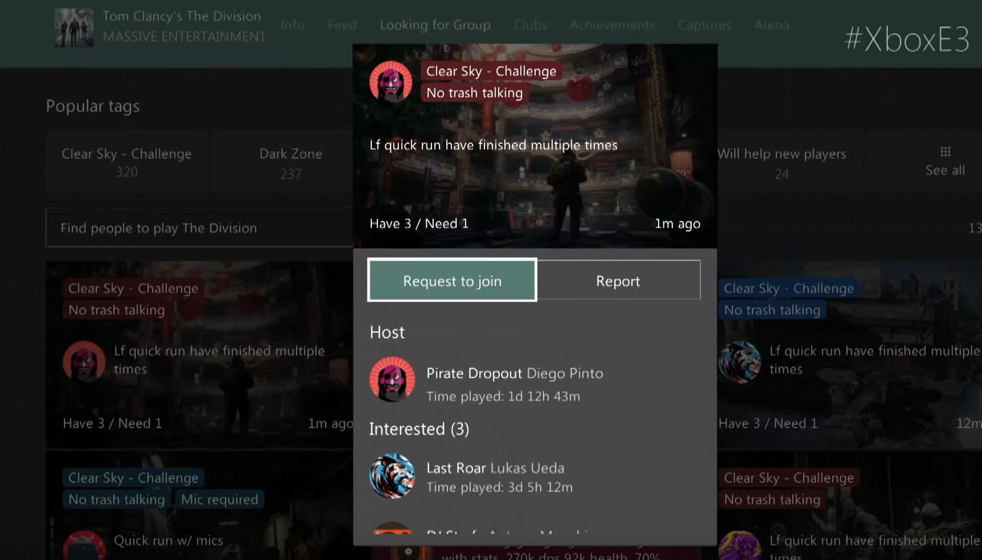 Xbox&rsquo;s Looking for Group feature for Tom Clancy&rsquo;s The Division. A post titled &ldquo;Clear Sky - Challenge&rdquo; highlights quick runs and no trash talking, with an option to request to join a session.