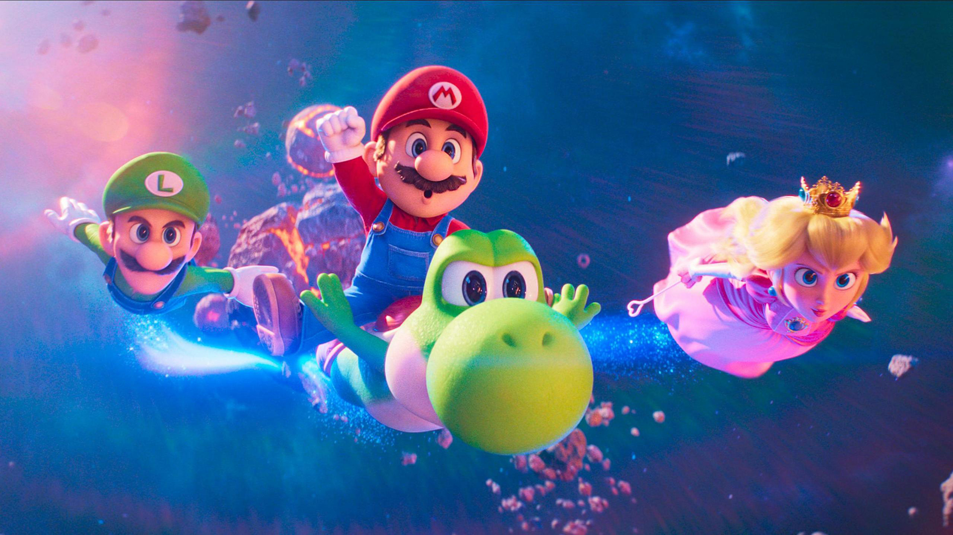 Luigi, Mario, Yoshi, and Peach flying through space in The Super Mario Galaxy Movie