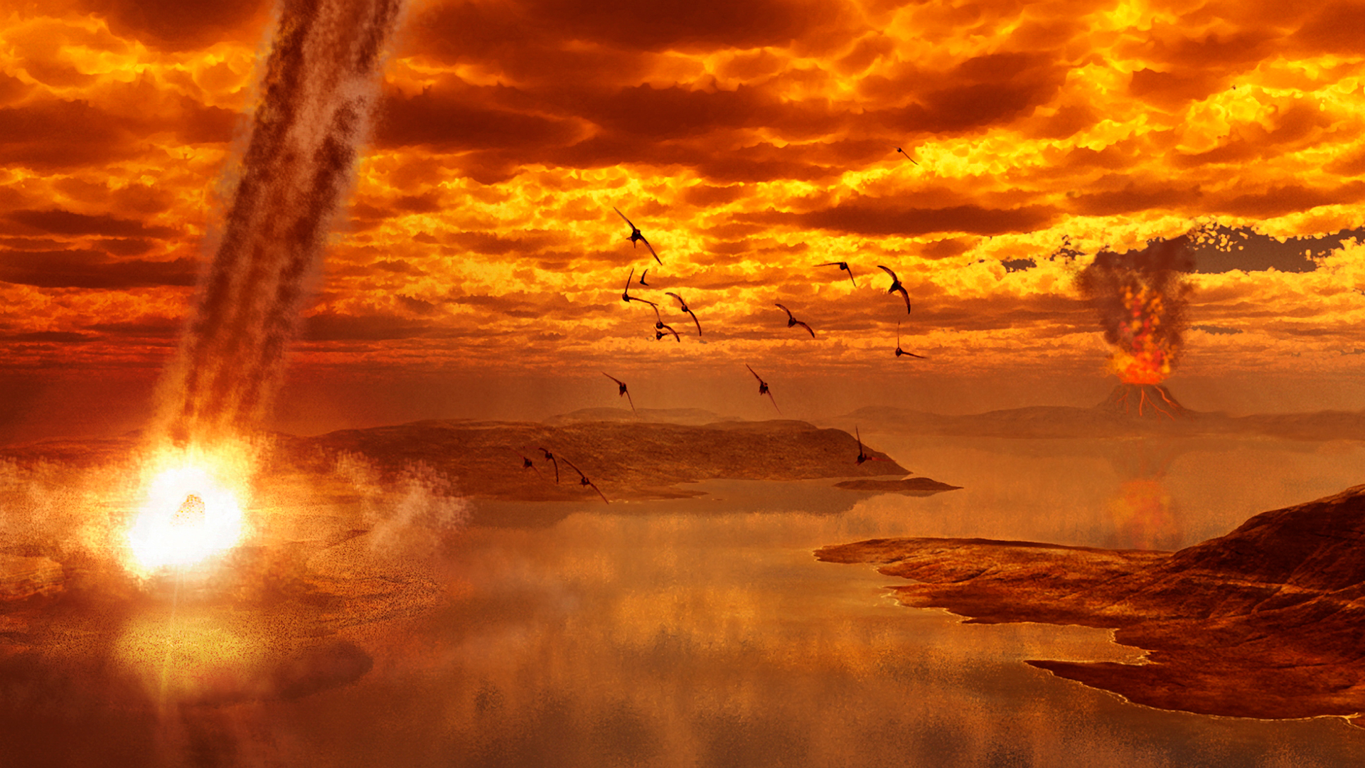 An illustration of a blazing asteroid impact to the left of the image with volcanoes in the distance and large birds flying under a red, ashy sky.