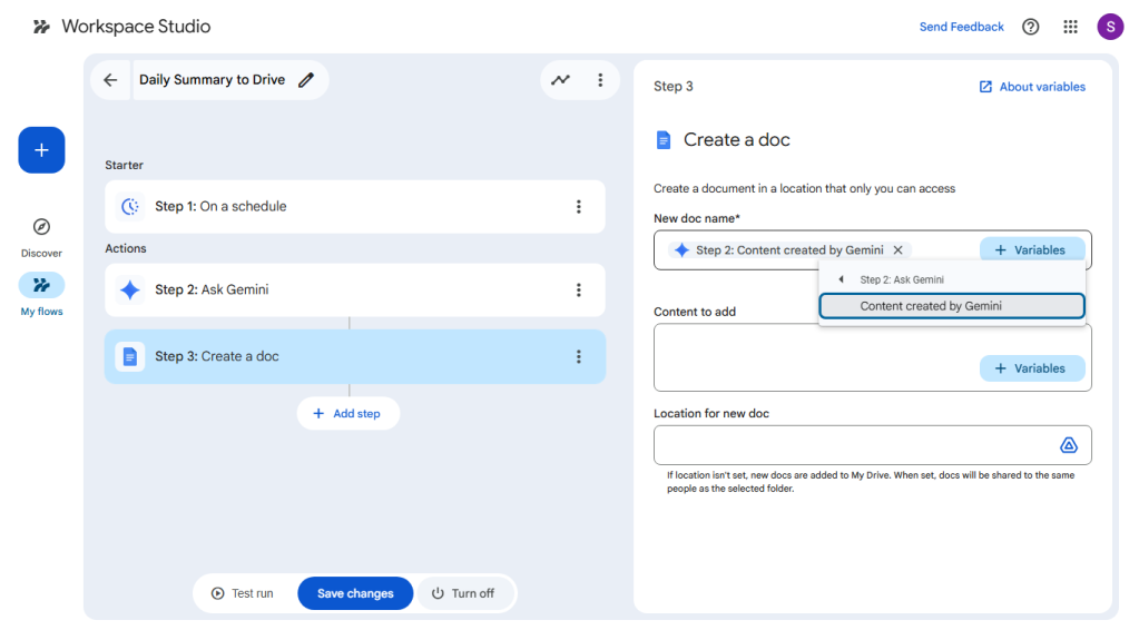 screenshot of workspace studio flow builder tool with step selected on left and variable pop up field on right