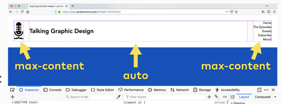 A slide from a presentation showing two boxes with max content and one with auto