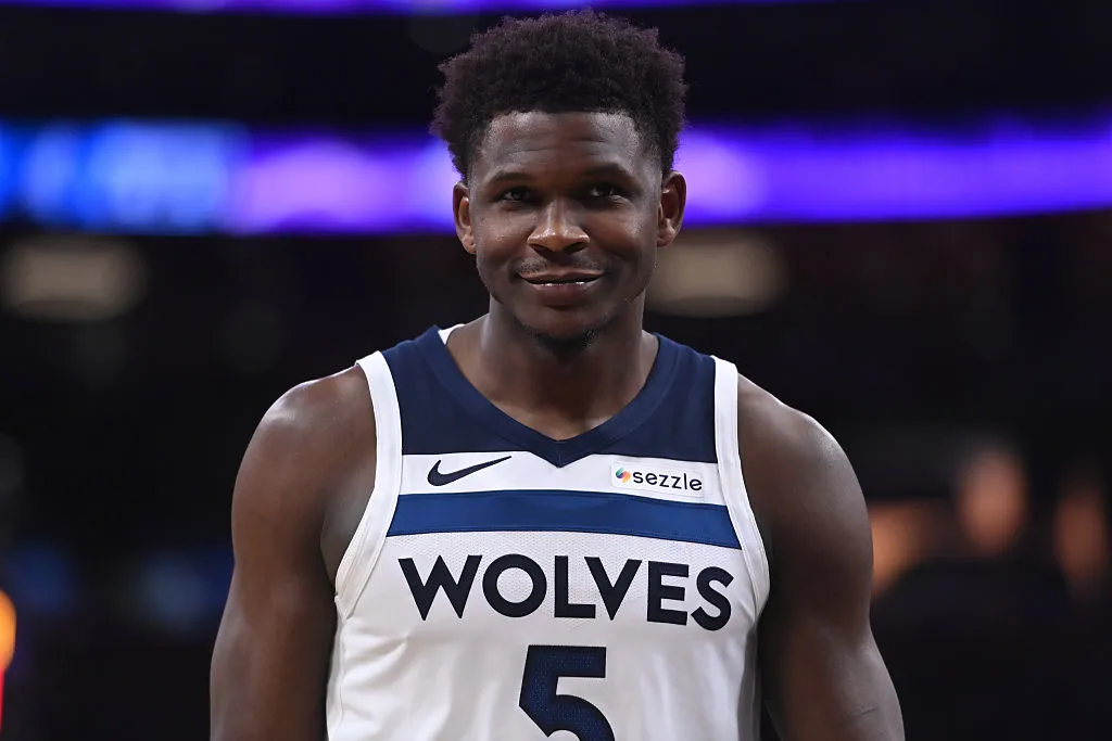 LOS ANGELES, CA - MARCH 10: Anthony Edwards #5 of the Minnesota Timberwolves smiles during the game against the Los Angeles Lakers on March 10, 2026 at Crypto.Com Arena in Los Angeles, California. NOTE TO USER: User expressly acknowledges and agrees that, by downloading and/or using this Photograph, user is consenting to the terms and conditions of the Getty Images License Agreement. Mandatory Copyright Notice: Copyright 2026 NBAE (Photo by Juan Ocampo/NBAE via Getty Images)