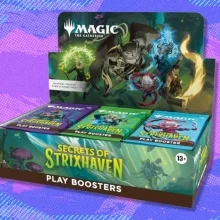 The Magic: The Gathering Secrets of Strixhaven - Play Booster Box on a purple and blue background