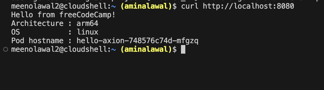 Terminal output of curl http://localhost:8080 showing the four-line response: Hello from freeCodeCamp, Architecture: arm64, OS: linux, and the pod hostname.