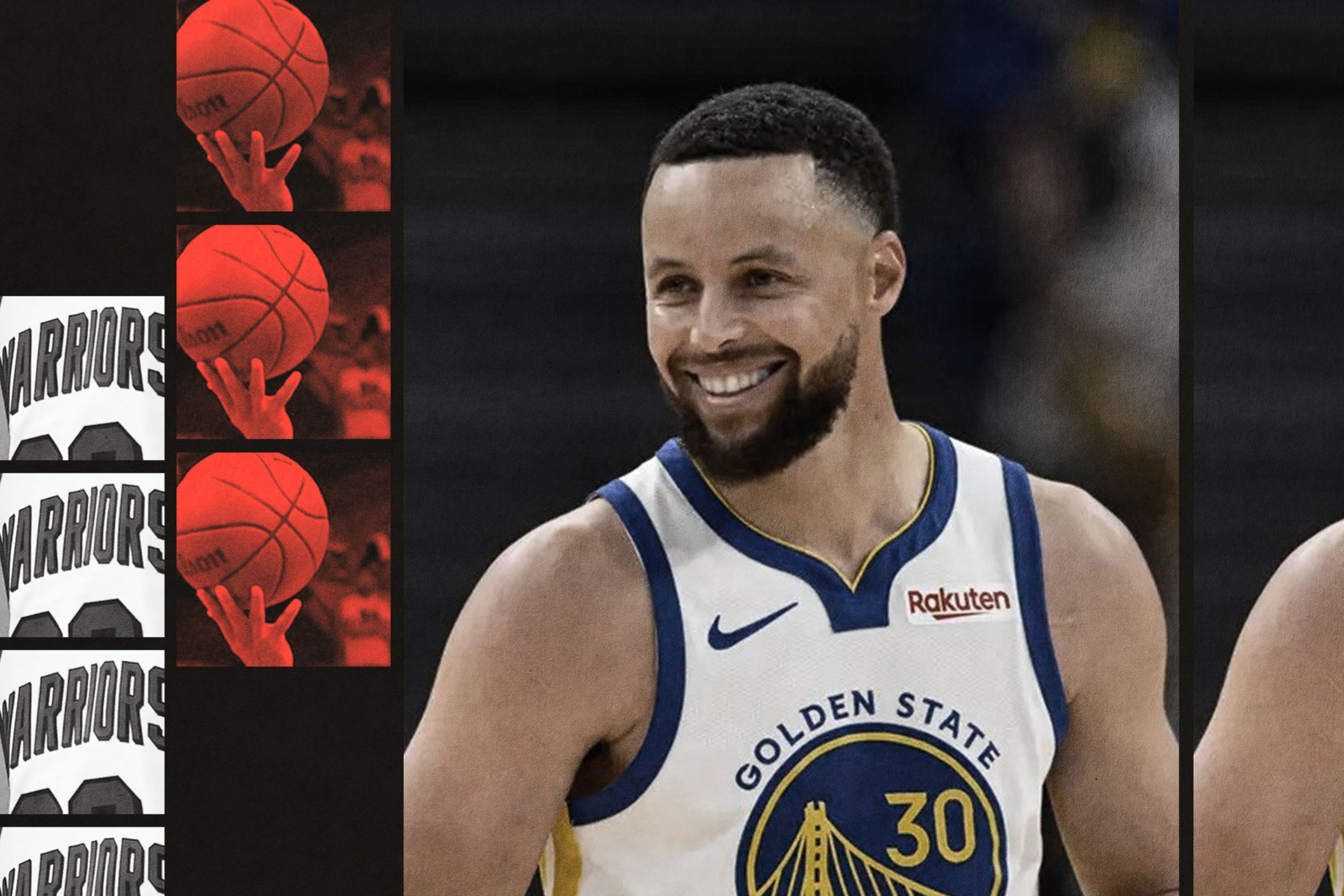 Stephen Curry in a Golden State Warriors jersey, smiling, with a side graphic showing a red-tinted basketball shot sequence and the word "WARRIORS."