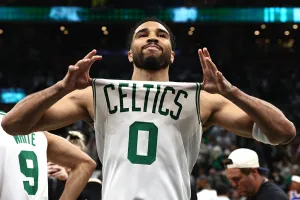 BOSTON, MA - APRIL 19: Jayson Tatum #0 of the Boston Celtics shows his jersey to fans before Game One of the Eastern Conference First Round NBA Playoffs against the Philadelphia 76ers at TD Garden on April 19, 2026 in Boston, Massachusetts. NOTE TO USER: User expressly acknowledges and agrees that, by downloading and/or using this Photograph, user is consenting to the terms and conditions of the Getty Images License Agreement. (Photo By Winslow Townson/Getty Images)
