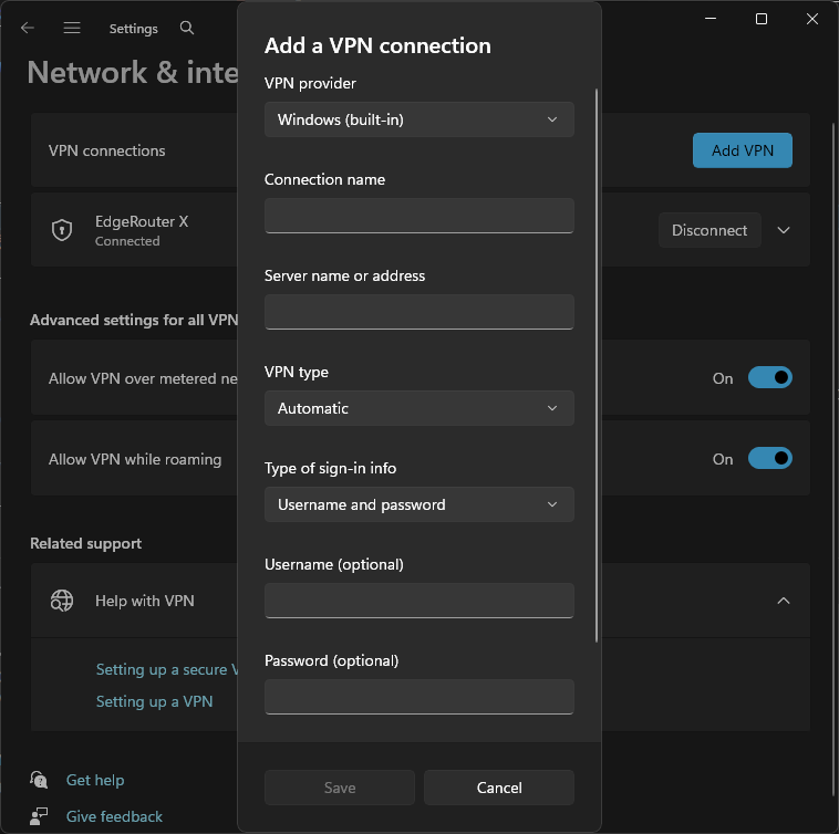 Add a VPN connection form