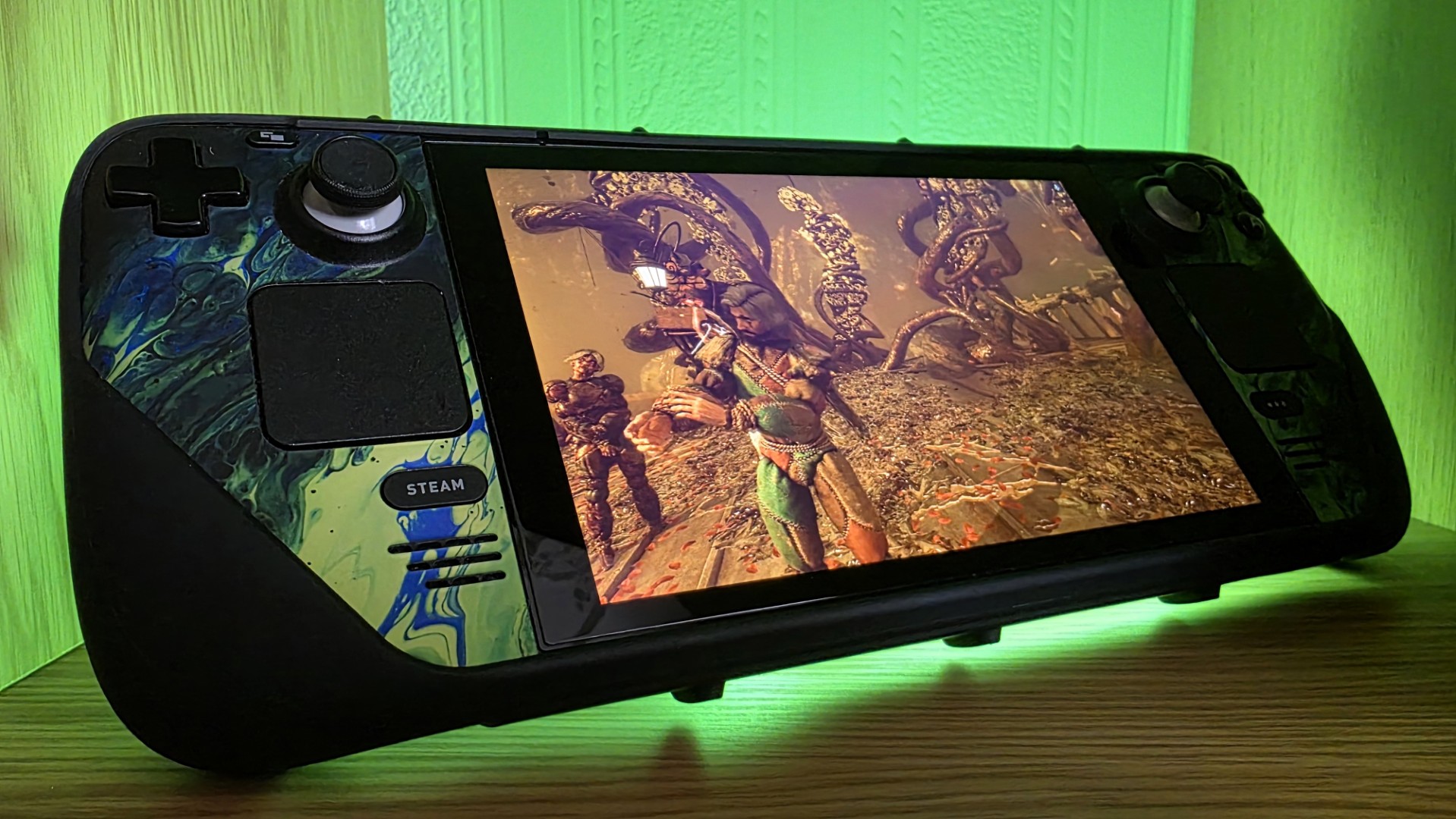 Steam Deck console with NvIdia GeForce Now interface on screeen