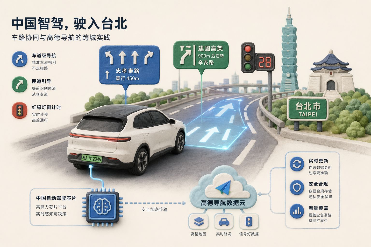 一辆中国电动车驶入台北道路,车前方投影出车道级箭头、匝道引导和红绿灯倒计时,后方连接着自动驾驶芯片与高德导航数据云,浅色背景的商业评论版橡皮泥平面信息图的统一风格。