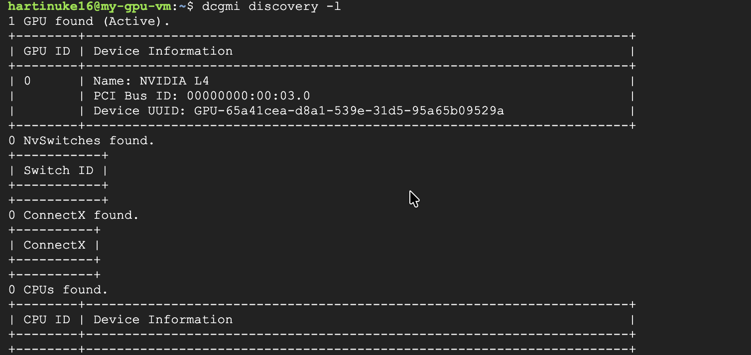 Output from the DCGMI dicovery -l command showing device information