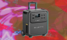 Bluetti Elite 400 portable power station with red and pink background