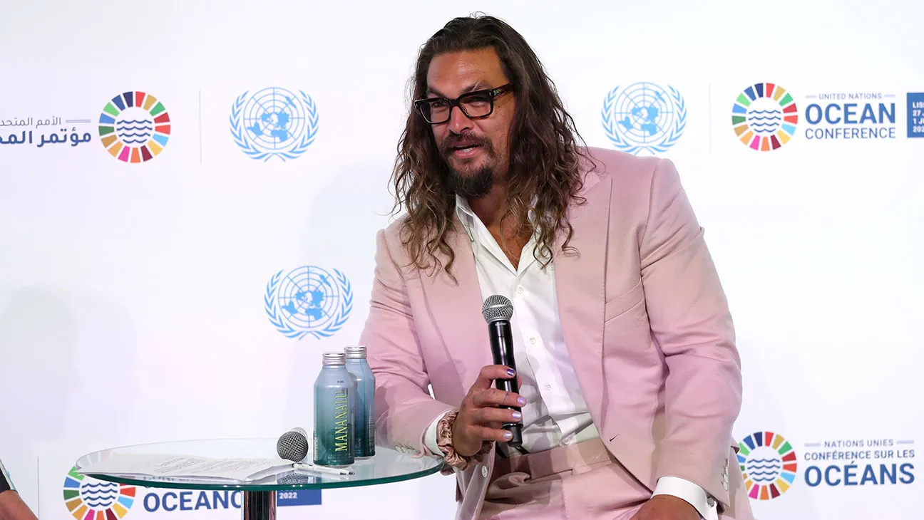 US Movie star and ocean activist Jason Momoa speaks during the United Nations Oceans Conference in Lisbon, Portugal, on June 27, 2022.
