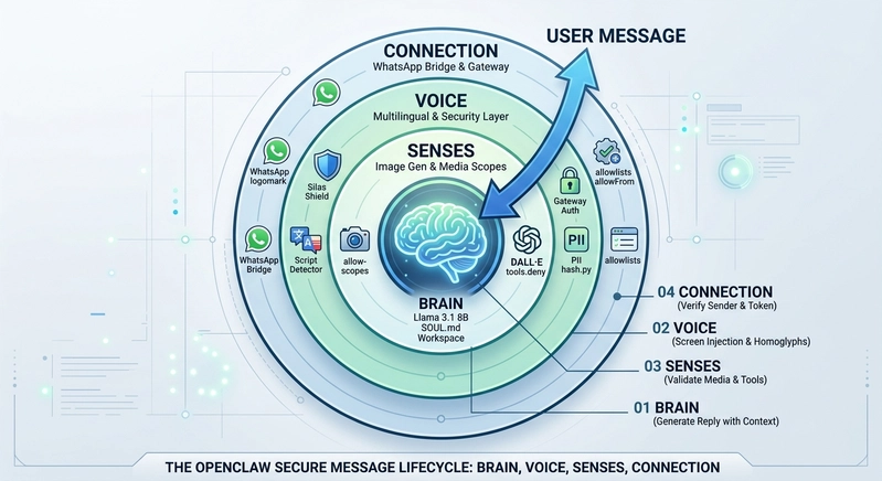 Architecture diagram of OpenClaw showing the layered relationship between Brain, Voice, Senses, and Connection.
