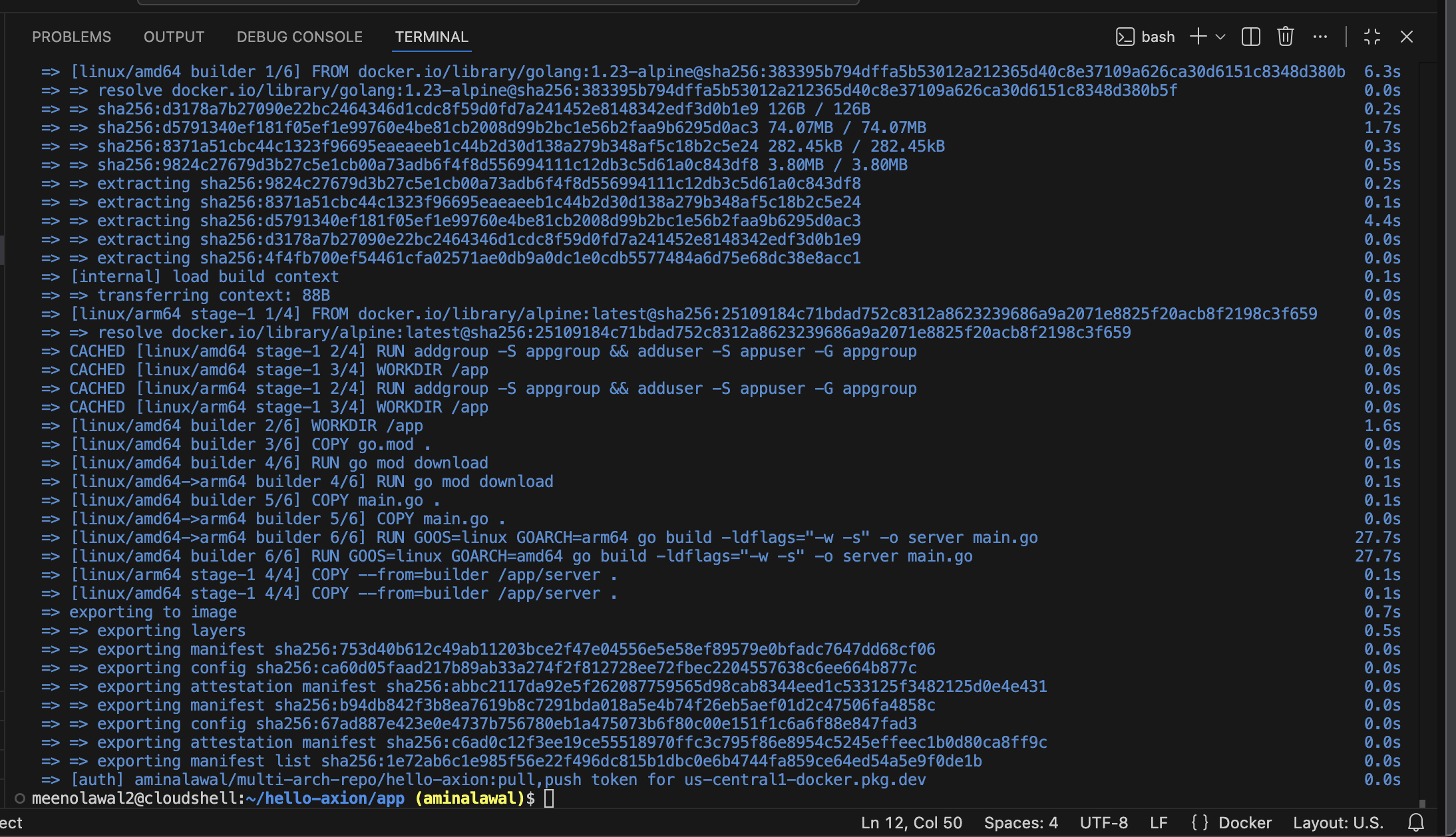 Terminal showing docker buildx build output with two parallel build tracks labeled linux/amd64 and linux/arm64, and a final line reading pushing manifest for the Artifact Registry image path.