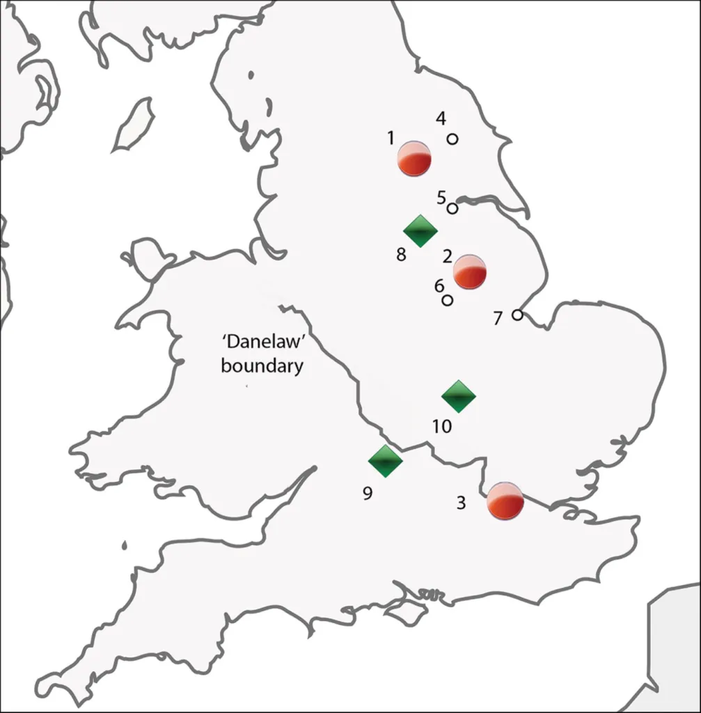 Yacimientos analizados, dieta vikingos en Inglaterra