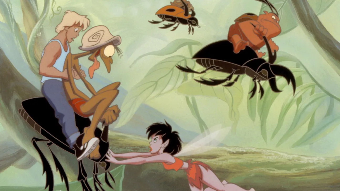 Ferngully: The Last Rainforest, Jonathan Ward as Zak (left), Samantha Mathis as Krysta (bottom, center), 1992.