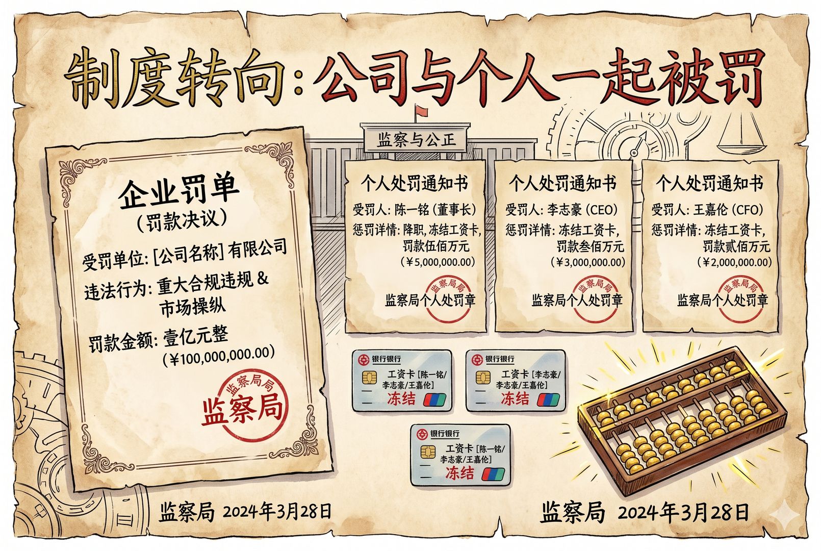 一张企业罚单与几张写着高管姓名的个人处罚通知并排摆放,金色算盘珠和工资卡放在旁边,突出“公司与个人一起被罚”的制度转向,羊皮纸,钢笔彩色手绘的统一风格。
