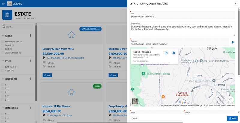 Oracle APEX Estate CRM showing the Master-Detail drawer open on the right while the property cards list remains visible