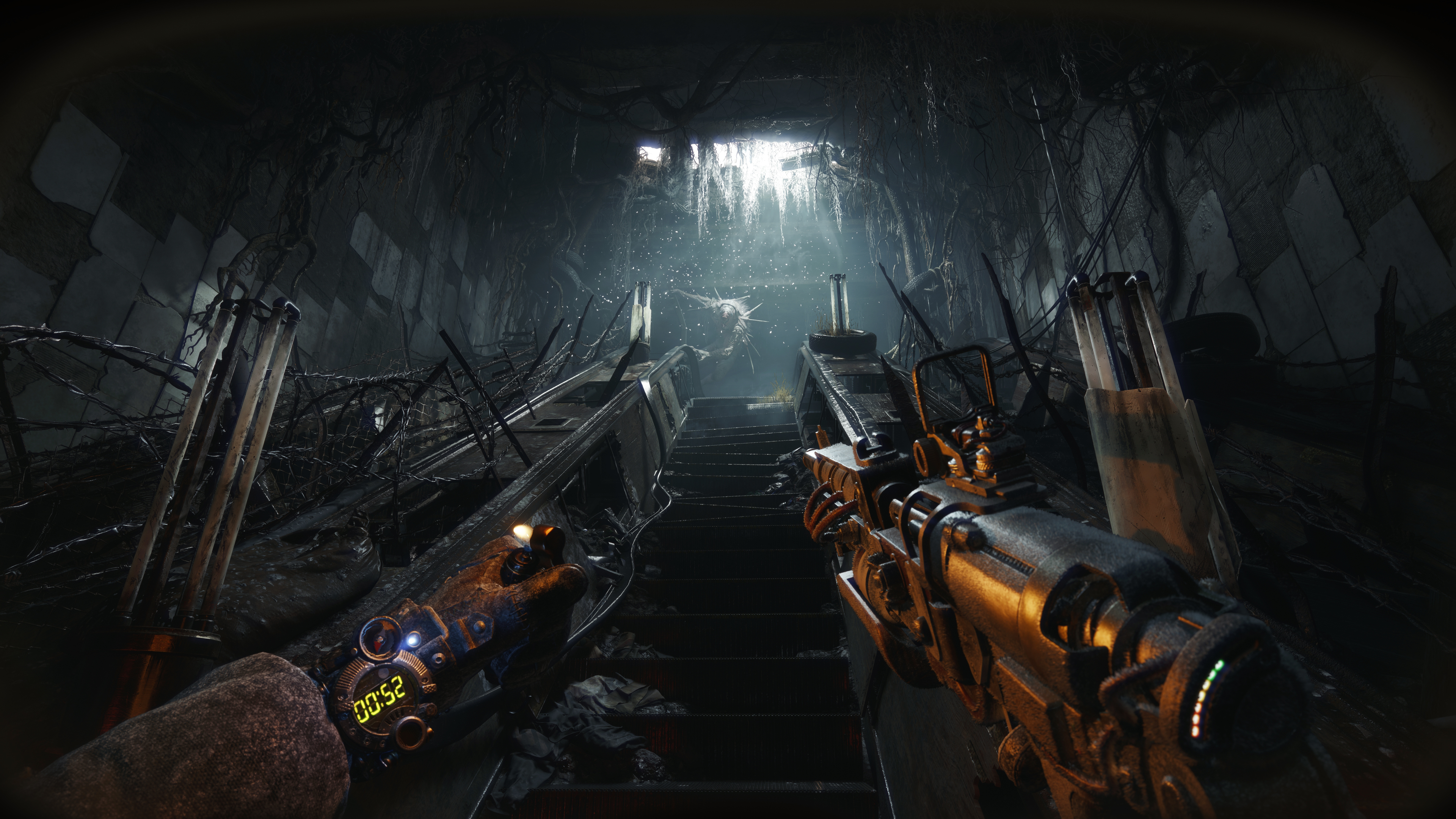 A classic Metro video game first-person art shot showing a lighter, watch, weapon and monster in the distance at the top of some esclators