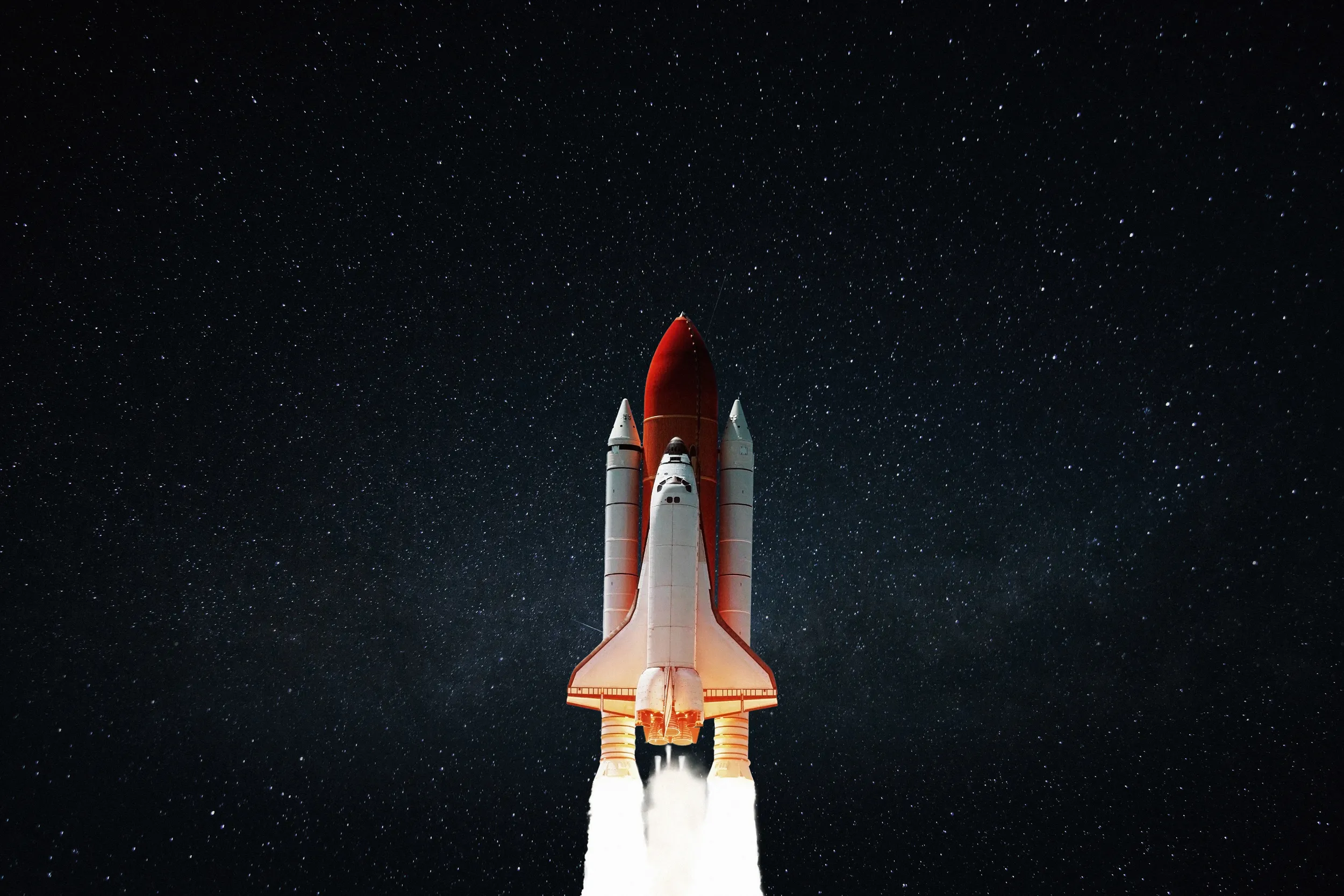 New space shuttle rocket with blast successfully takes off into the night starry sky. Spaceship launched into outer deep...