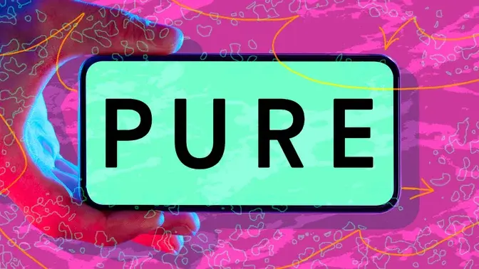 pure dating app logo against a bright green phone screen.
