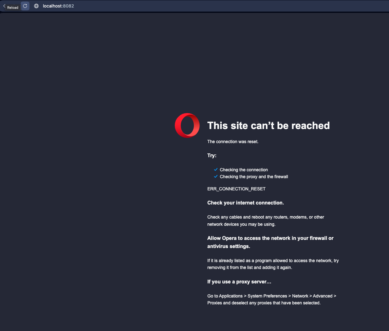 Browser showing ERR_CONNECTION_RESET on localhost:8082 after the Nginx container process was killed