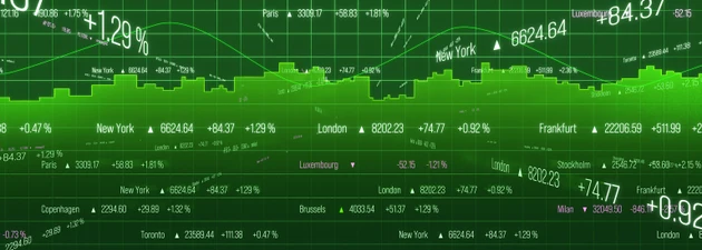 Abstract stock market and exchange markets screen in green with tock chart, prices, market data.