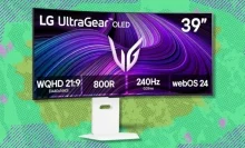 39-inch LG UltraGear OLED curved gaming monitor (39GX90SA-W model) on a green and purple background background