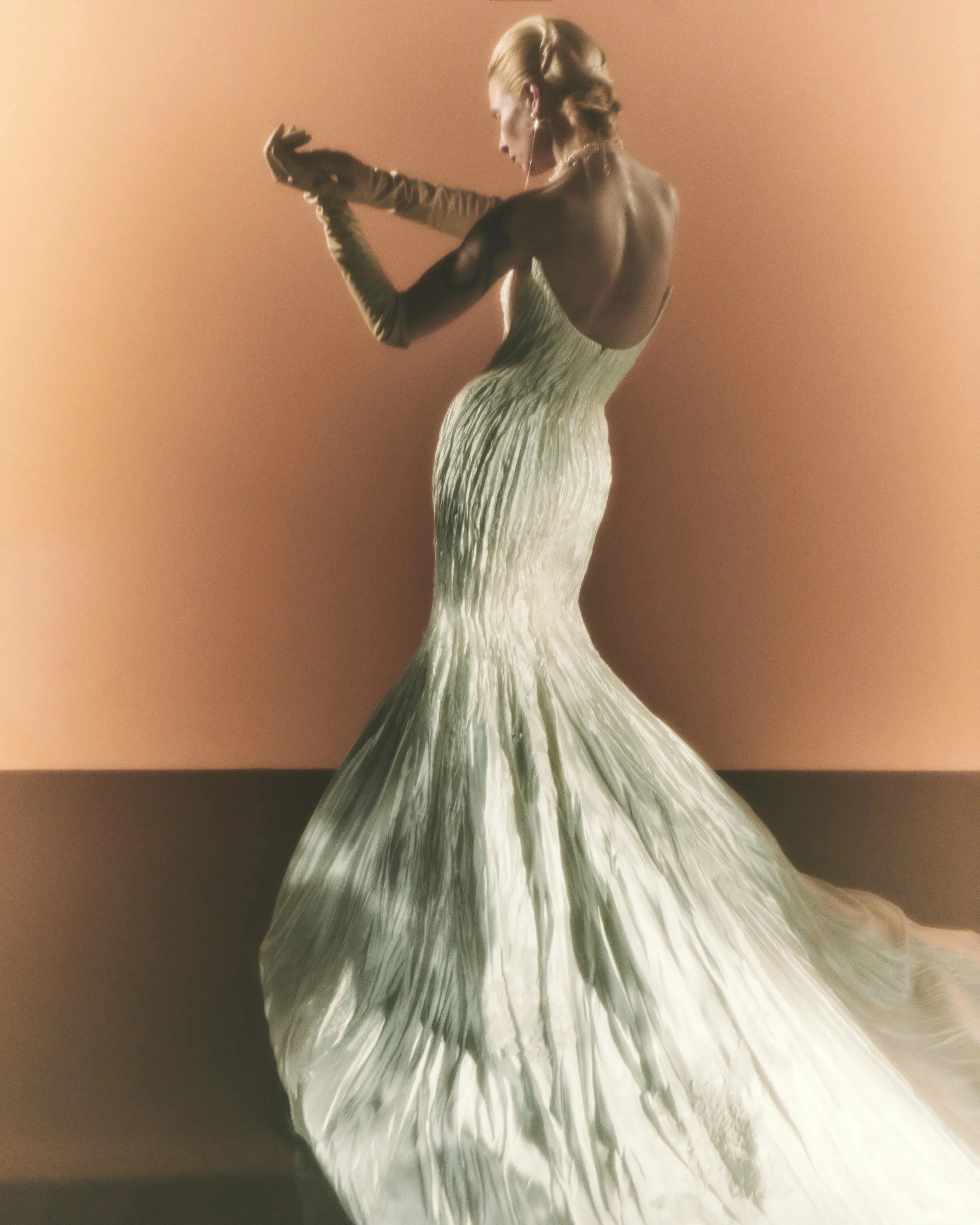 Image may contain Clothing Dress Formal Wear Fashion Gown Wedding Wedding Gown Evening Dress Adult and Person