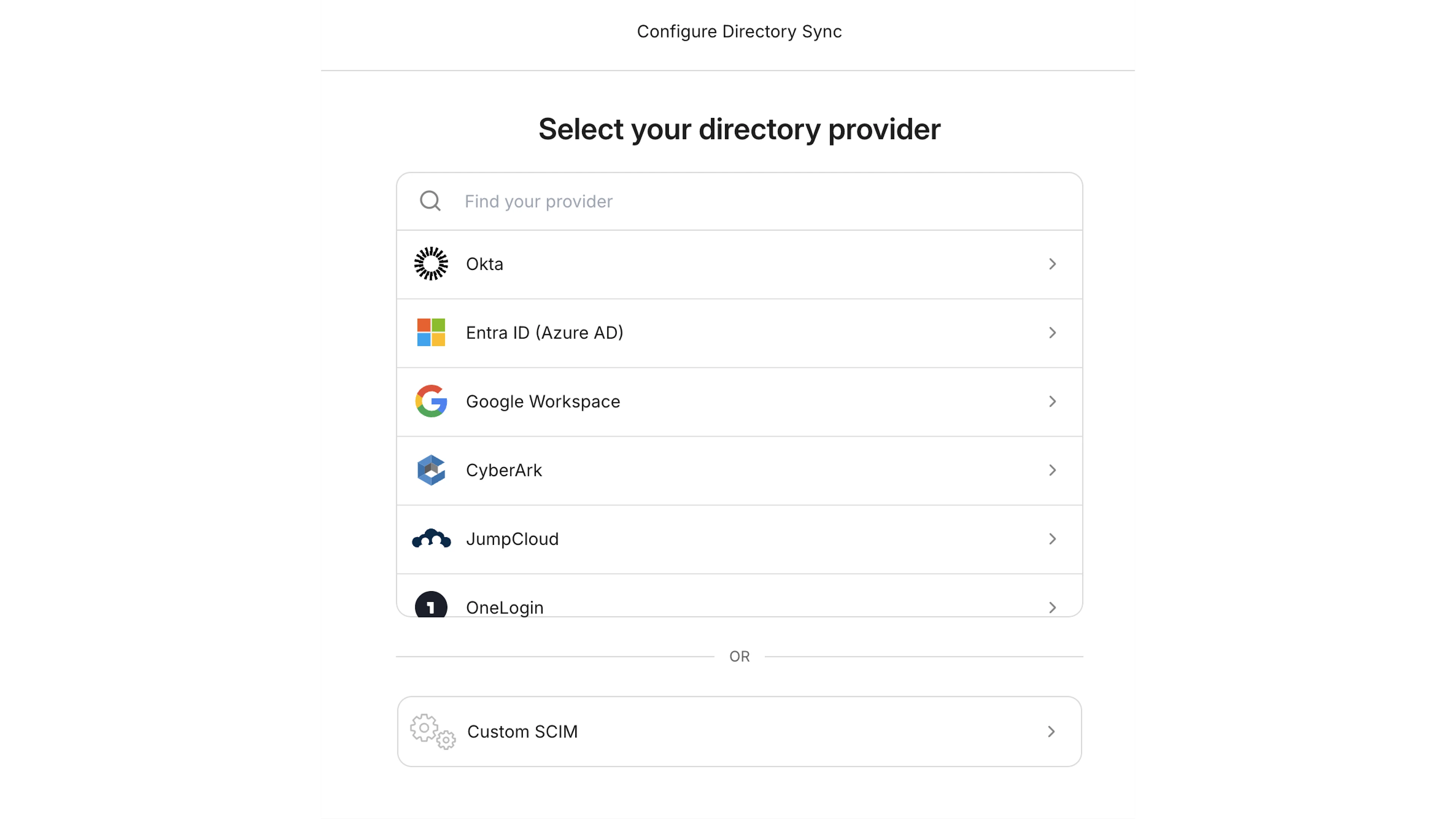 The image shows a directory sync setup screen with options to select a provider: Okta, Entra ID (Azure AD), Google Workspace, CyberArk, JumpCloud, OneLogin, or Custom SCIM. It includes a search bar for finding providers.
