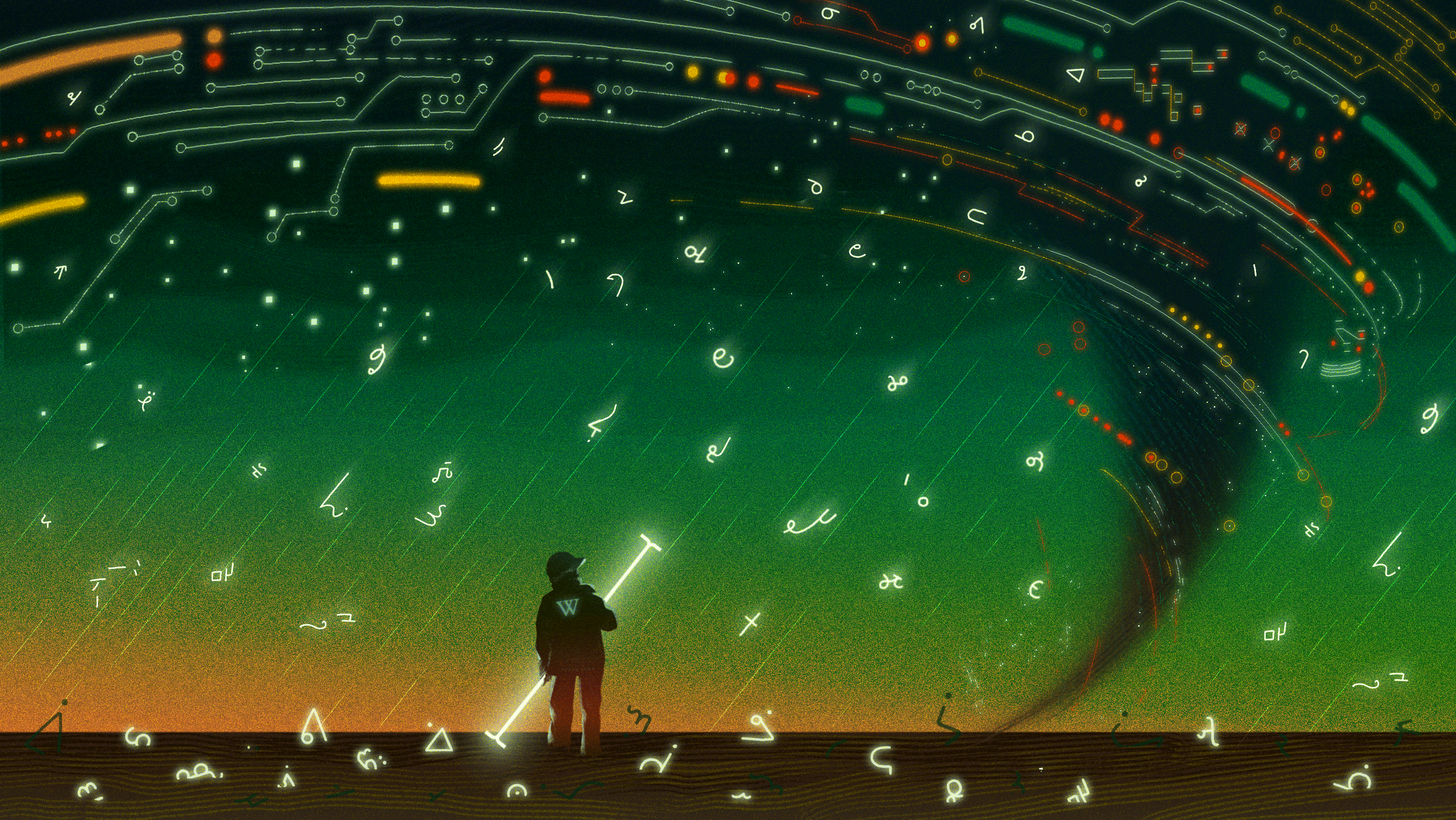 figure in a Wikipedia logo jacket tries to clean up glowing characters strewn about a landscape by a digital tornado