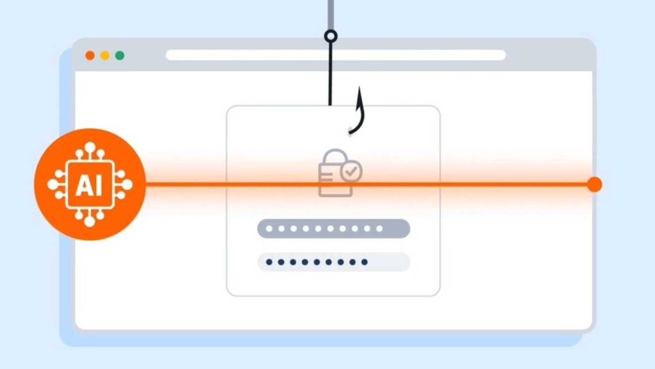 illustration of phishing hook dangling over login form with AI chip icon intercepting the attack