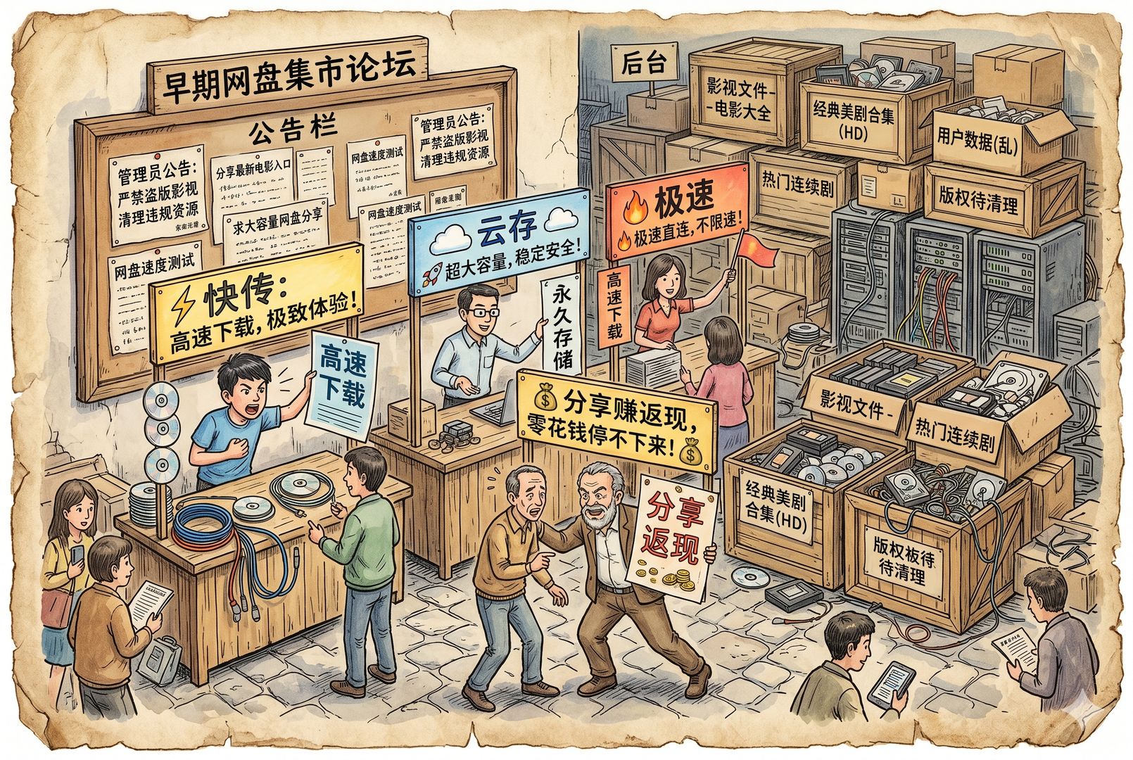 几家早期网盘平台像集市摊主一样在论坛公告栏前争抢用户,海报上写着“高速下载”“分享返现”,后台却堆着成箱影视文件,羊皮纸,钢笔彩色手绘的统一风格。