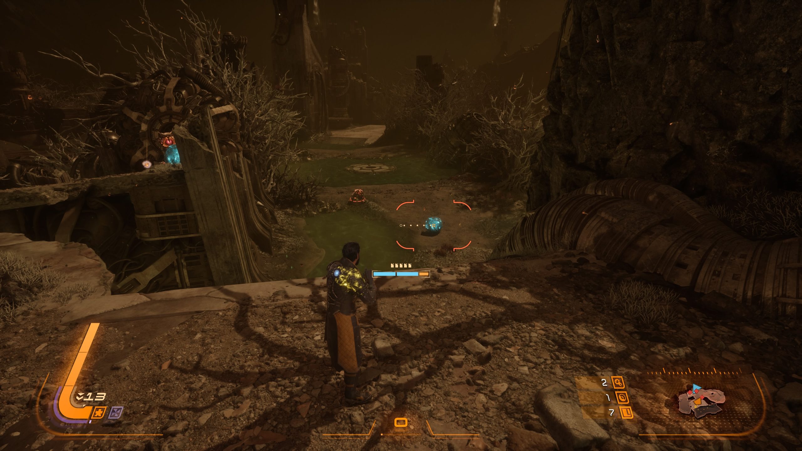 A character in the game Saros is aiming at a glowing orb in a barren, desolate landscape.