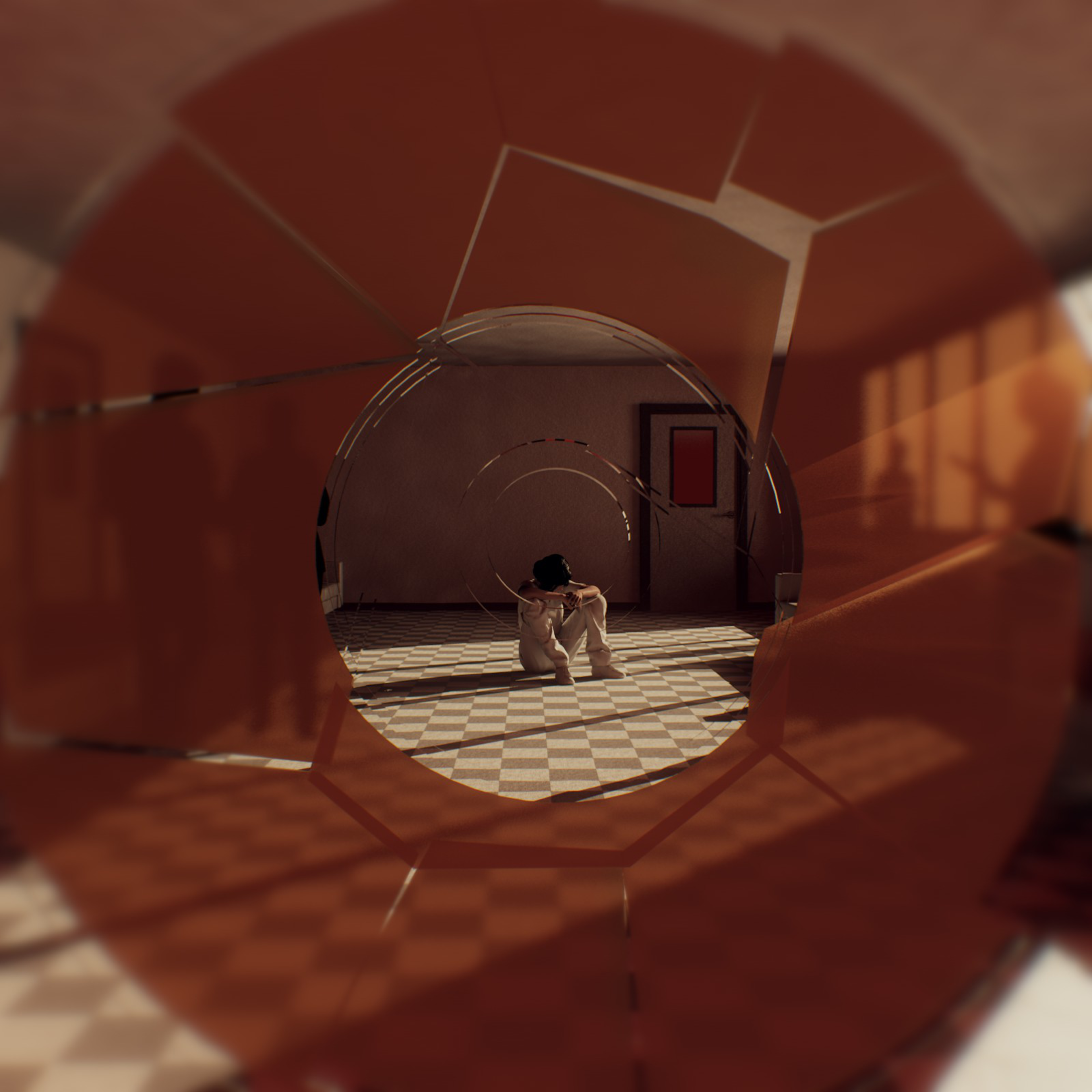 A person sits curled up on a checkered floor in a dimly lit room, viewed through concentric, fragmented circular panels.